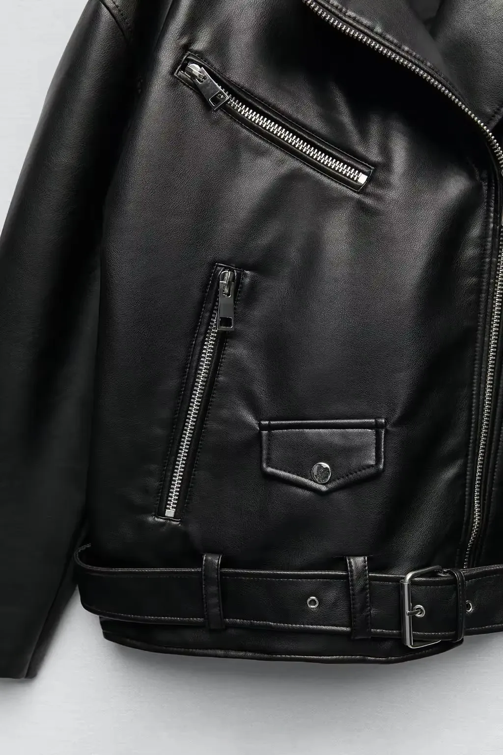 BBWM-Chaqueta de piel sintética con cinturón para primavera y otoño, abrigo con cremallera para mujer, prendas de vestir holgadas para motociclista, color negro