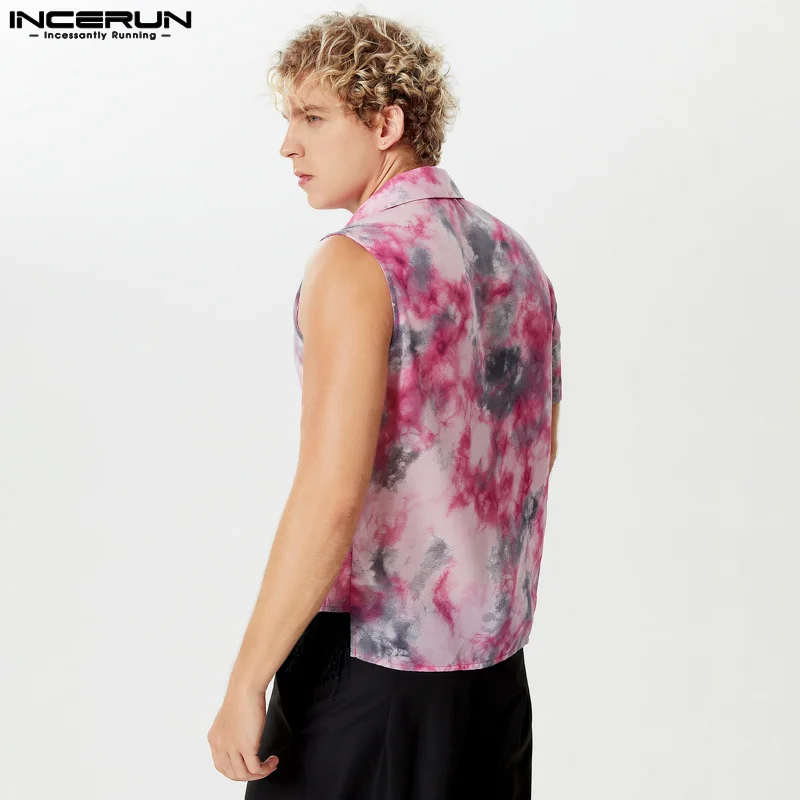 INCERUN Men Irregular Shirt Tie Dye Tassel Patchwork Lapel Irregular Sleeve Men Clothing Streetwear 2024 Loose Fashion Camisas