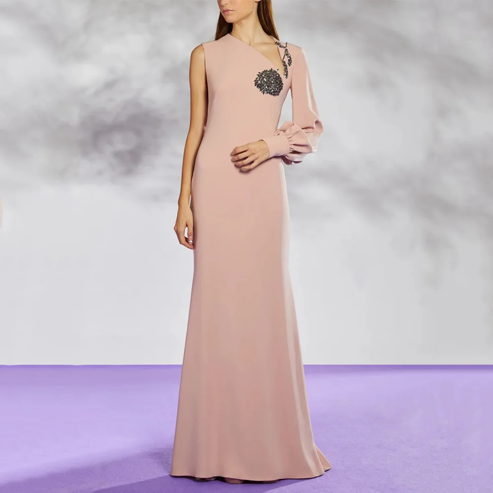 

Modern Evening Dresses Long Sleeve Cut Out Crystal Mermaid Dusty Pink Wedding Guest Gowns for Women Trumpet Formal Party Dress