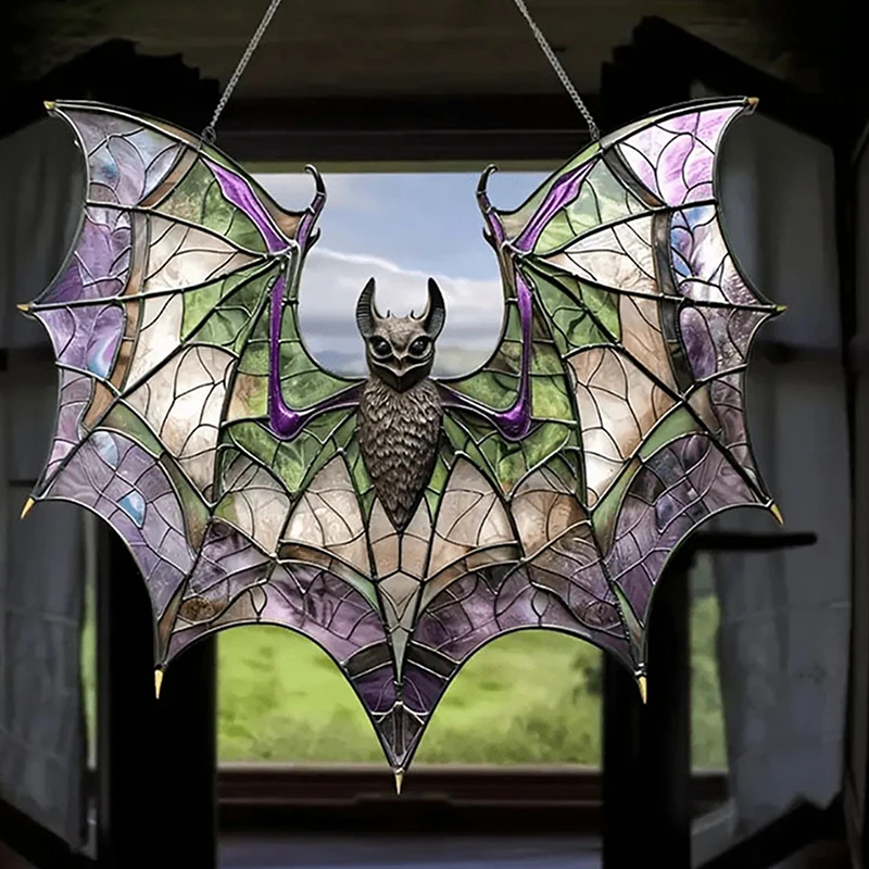 Colorful Bat Acrylic Decorative Pendant Halloween Home Garden Decoration Sun Catcher Hanging Ornament Window Art Suncatcher