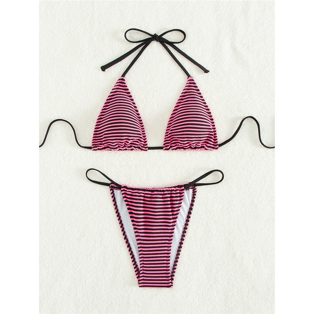 Gestreifter Neckholder-Bikini mit hohem Beinausschnitt, zweiteiliger Damen-Bikini, Badeanzug, brasilianischer Badeanzug, Badebekleidung, Schwimmbekleidung V6032 – Detail 11