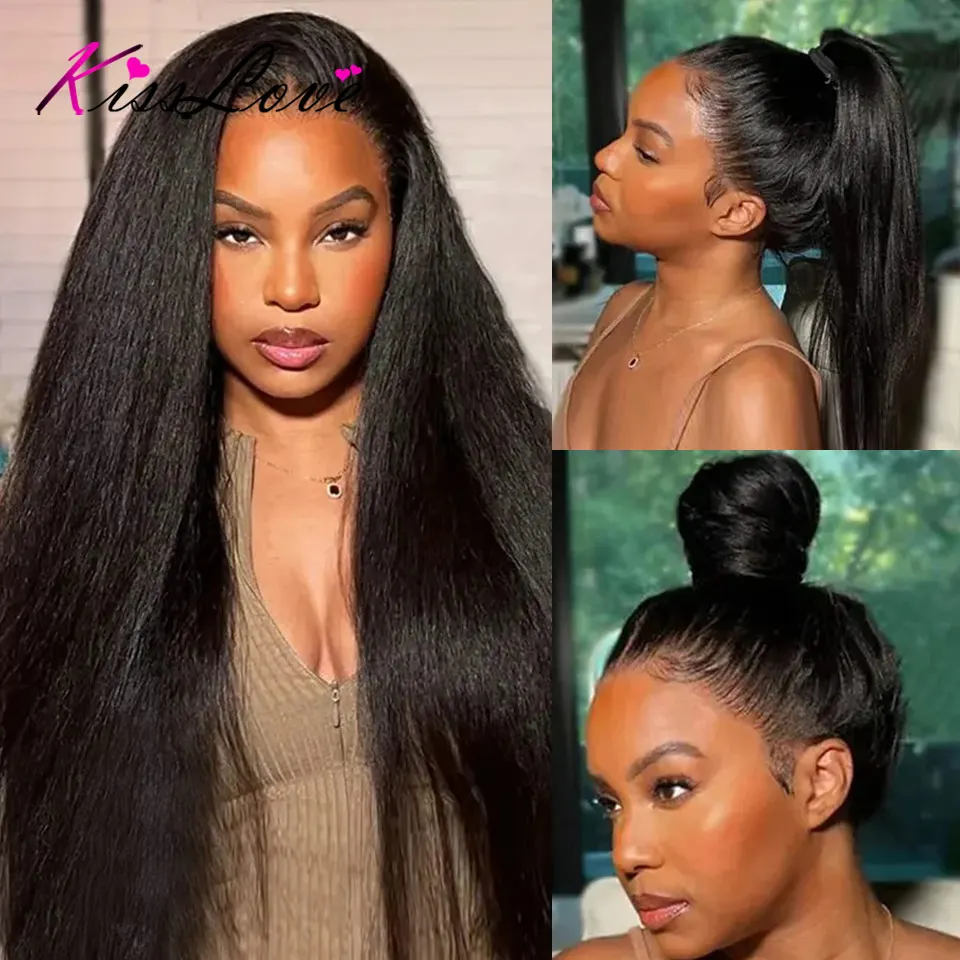 Kinky Straight Invisi Strap Snug Fit HD Transparent 360 Full Lace Frontal Wig Pre Plucked Glueless Wigs Human Hair Ready To Wear