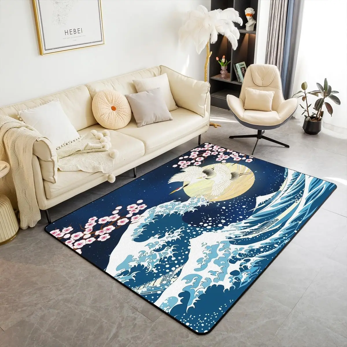 

Japanese Ukiyo-e Great Wave Crane & Cherry Blossom Print Area Rug, Non-Slip Floor Mat for Living Room Bedroom Home Decor Carpet