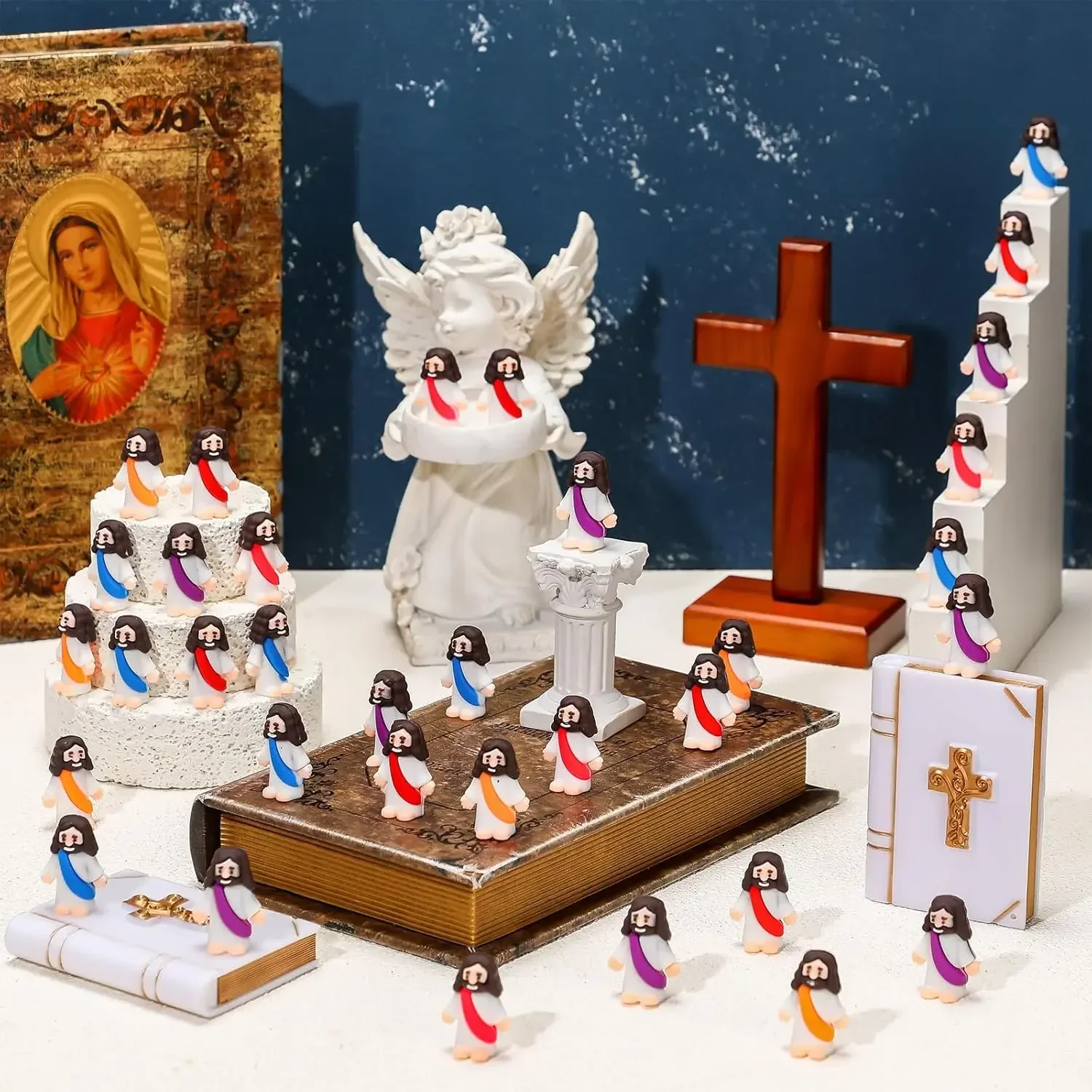 24Pack Miniature Jesus Statues PVC Tabletop Religious Figures for Christmas Easter Halloween & Hanukkah Christian Decorations