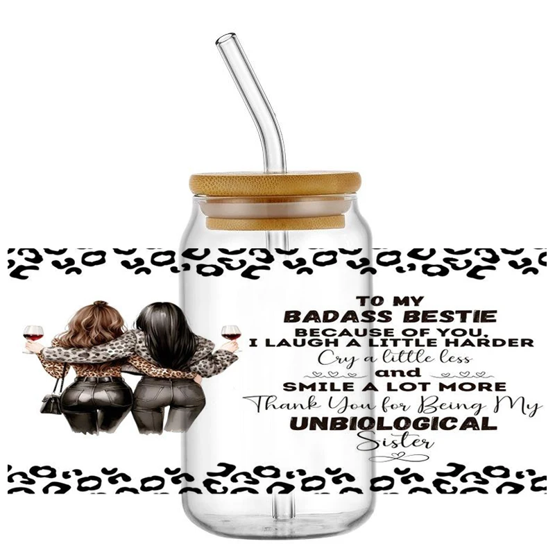 3D UV DTF Cup Wrap Sister Themed pattern DTF Libbey Transfer stickers 16oz Custom UV DTF Skinny Tumbler Cartoon Stickers