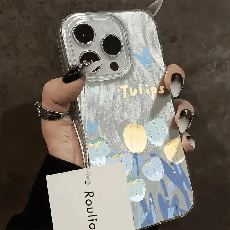Etui na telefon Ins Blue and yellow tulips do iPhone 16Pro Max 15 14 13 12 11 XR XS Max 78 Y2K Feather gauzeMiękkie etui na telefon chroniące przed