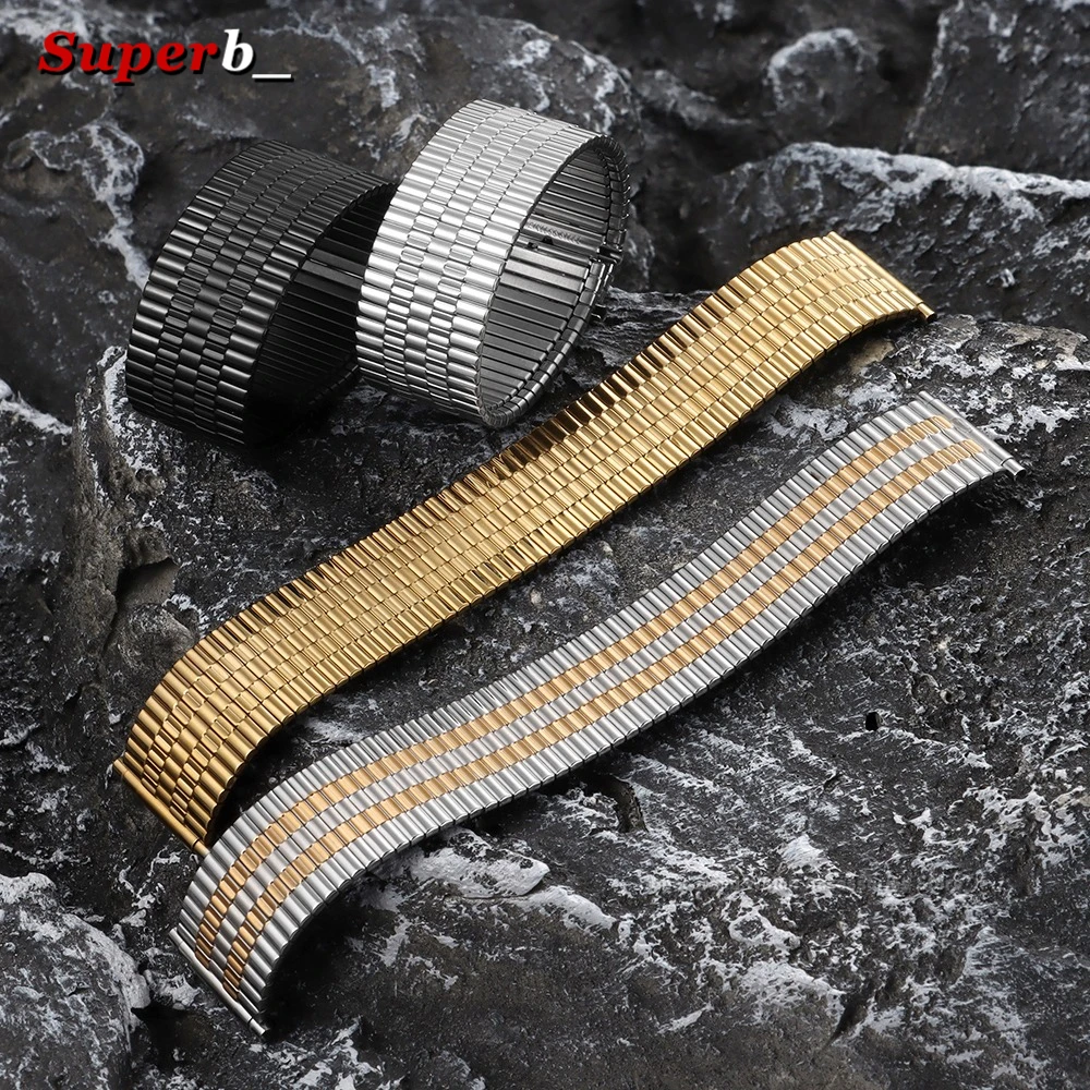 12mm 14mm 16mm 18mm 20mm 22mm Stretch Expansion Stainless Steel Watch Band Metal Elastic Strap Men Women Bracelet Accessories