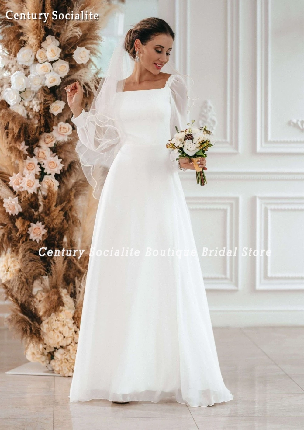 Abiti da sposa civili 2025 Abiti da sposa semplici da spiaggia in chiffon con colletto quadrato a maniche lunghe fino al pavimento per la sposa personalizzati