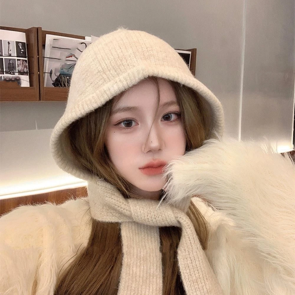 

Vintage Korean Style Balaclava Skullies Caps Soft Neckerchief Coldproof Hooded Caps Thicken Ear Protection Scarf Hat Female