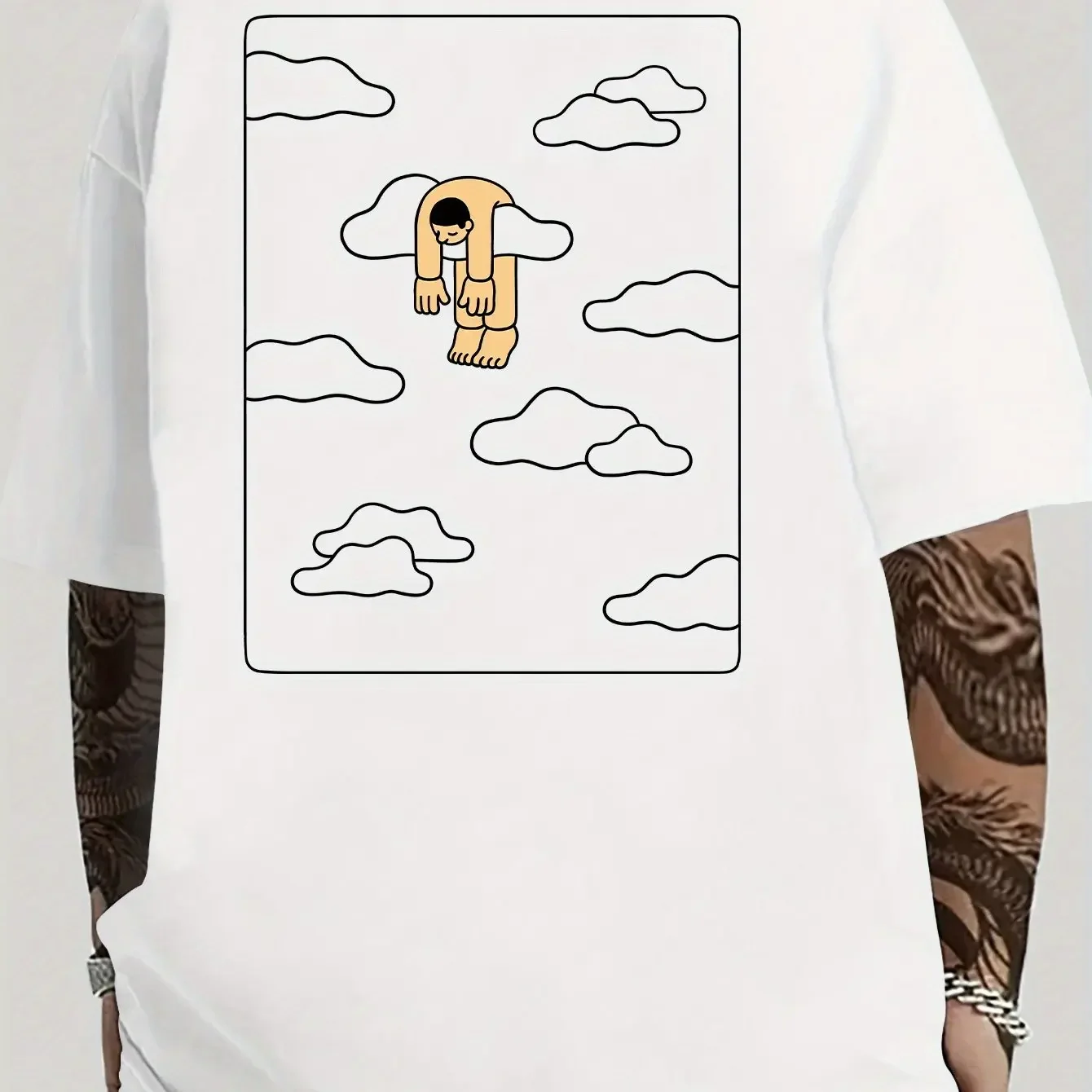 High-quality Pure Cotton Men's T-shirt with Abstract Lazy Cloud Sketch Print, Breathable Everyday Men's T-shirt.