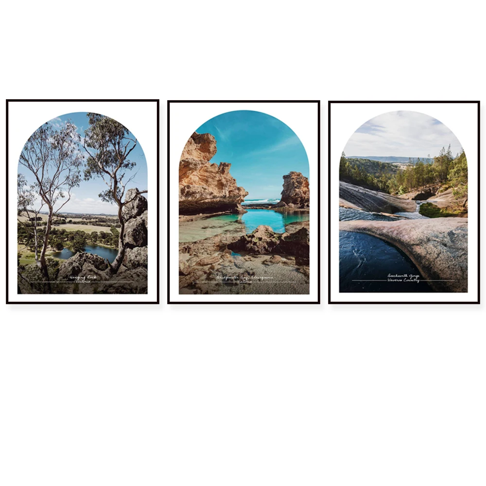 Beechworth Gorge, Metcalfe Falls, West Head Beach travel poster, New South Wales, Mornington Peninsula Victoria, Australia