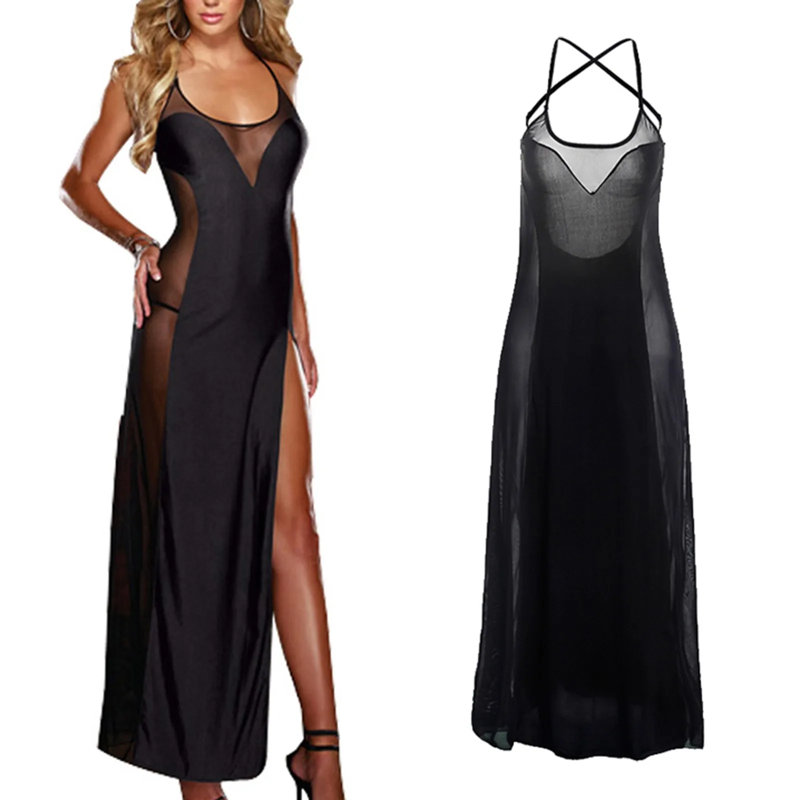 

Sexy Women Mesh Sheer Long Dress Ladies Sexy Backless Nightdress Black See-through Long Dresses Sleeveless Strap Dress Sleepwear