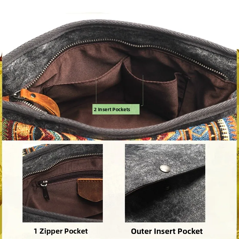 Casual Canvas Leather Shoulder Bag Unisex Crossbody Bag Ethnic Style Vintage Small Backpack Soft Magnetic Buckle Closure