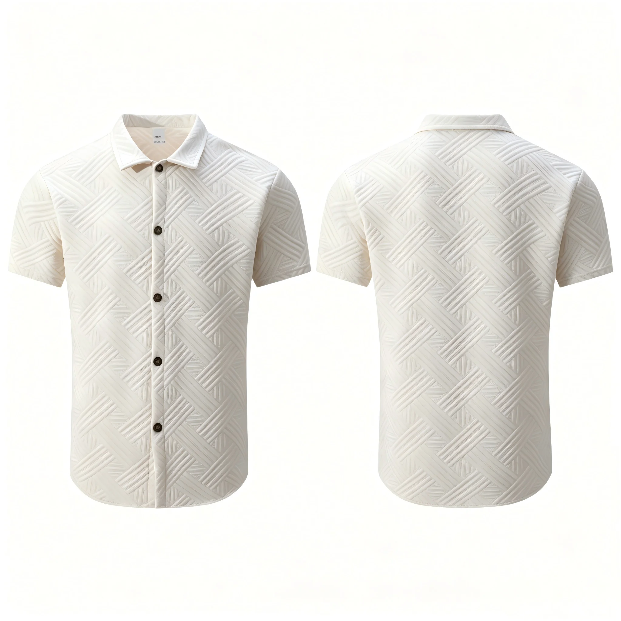 MenJacquard Textured Short Sleeve Shirt Embossed Geometric Casual Summer Top Lightweight Breathable for Home & OutdoorOutings