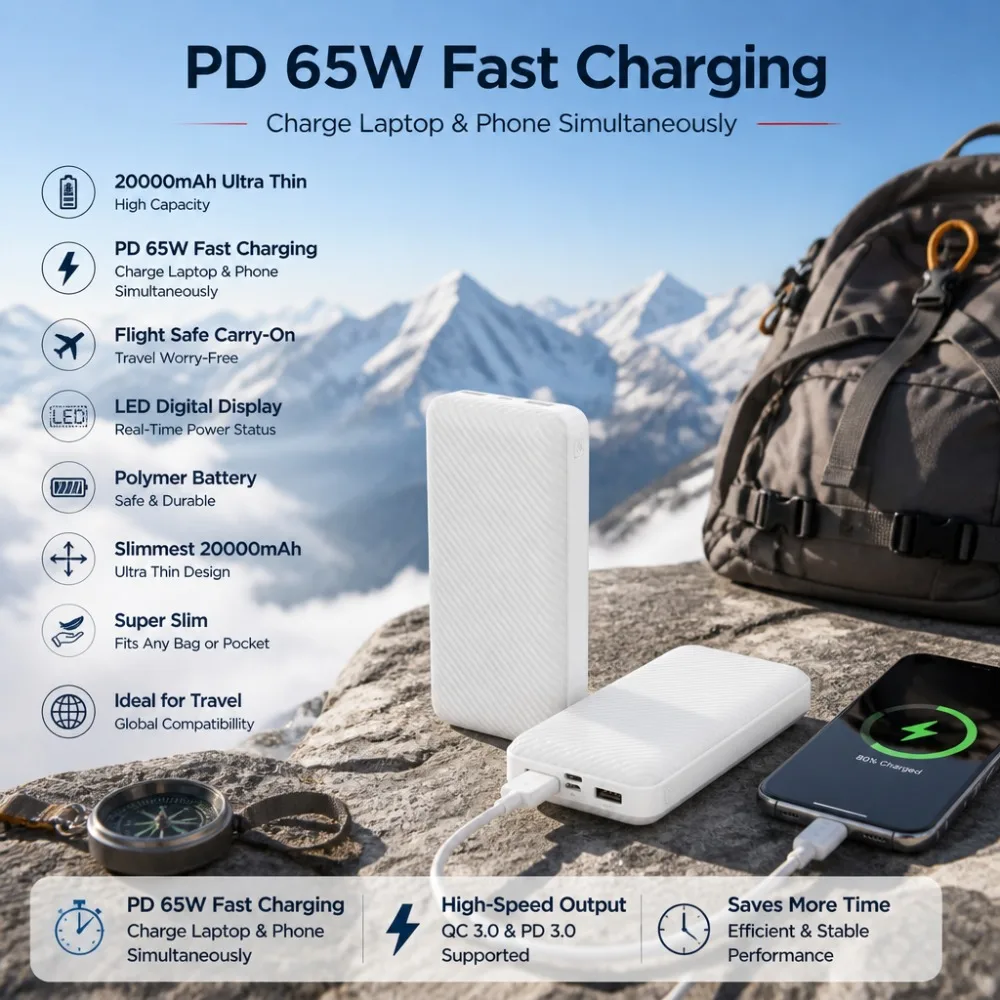 20000mAh Ultra Thin Power Bank PD 65W Fast Charging LED Display Polymer Portable Charger for iPhone/Samsung Flight Safe Carry-On