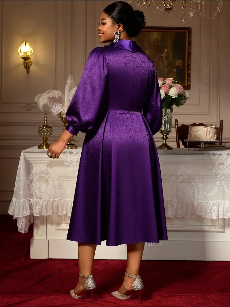 여성 고급스러운 샤이니 자카드 새틴 미디 드레스 턴다운 칼라 랜턴 소매 플리츠 우아한 이브닝 파티 웨딩 게스트 가운