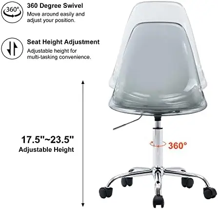 

Clear Rolling Chair, Armless Acrylic Desk Chair with Golden Feet Swivel Molded Plastic Shell Adjustable Home Office Chair with W