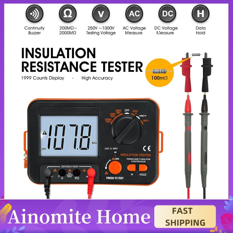 

BTMETER 1000V Megohmmeter - Insulation Resistance Tester (200MΩ to 2GΩ) with 250V/500V/1000V Testing Voltage, Digital Multimeter