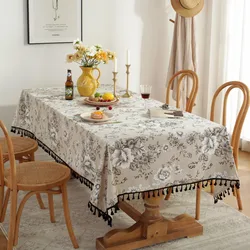 Cotton Linen Peony Printed Table Cloth With Tassel Dust-Proof Floral Circular Table Cover for Wedding Party Dinning Table Decor