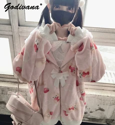 New 2023 Winter Sweet Girls Pink Flannel Coat Japanese Mass-Produced Homewear Cute Cartoon Print Fleece Zipper Jacket Hoodies