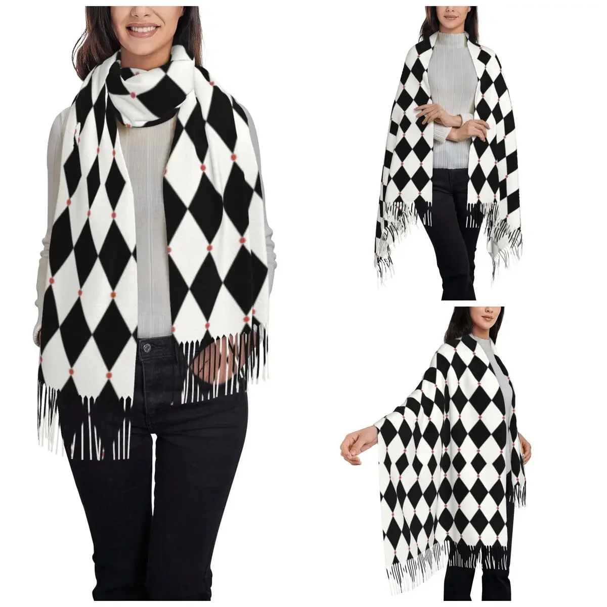 Womens Scarf with Tassel Harlequin Long Winter Warm Shawl and Wrap Card Suits Poker Daily Wear Pashmina Scarves