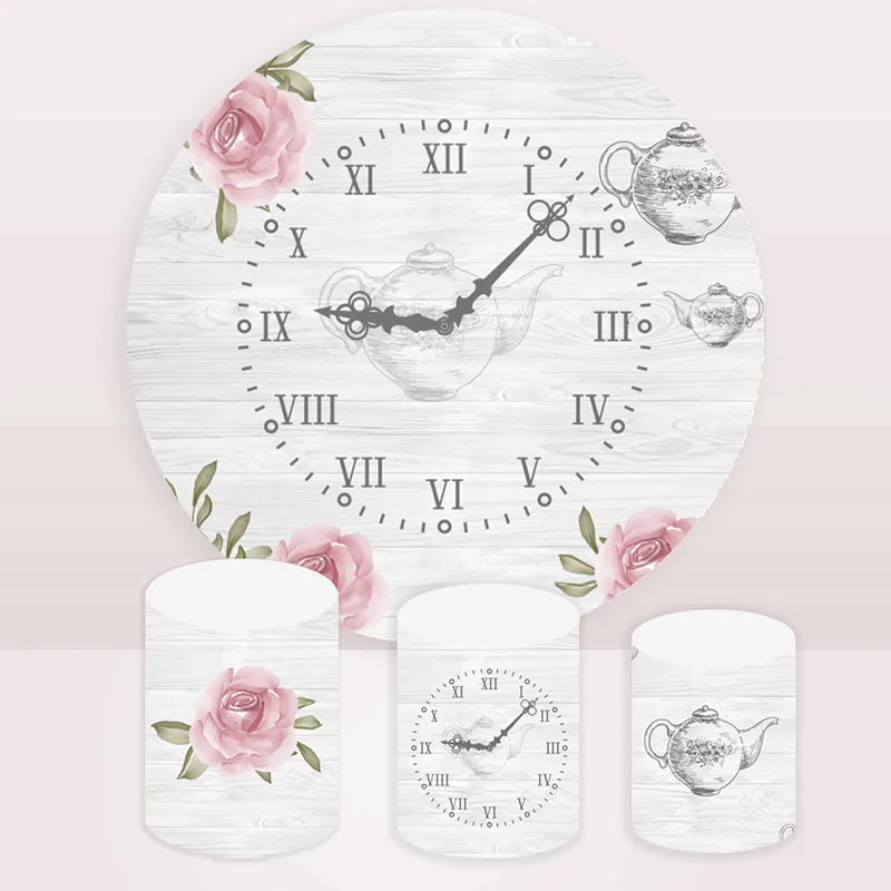 Alice In Wonderland Clock Photo Backdrop Kids Birthday Party Pink Flower Teapot Round & Cylinder Covers Fabric Photo Background