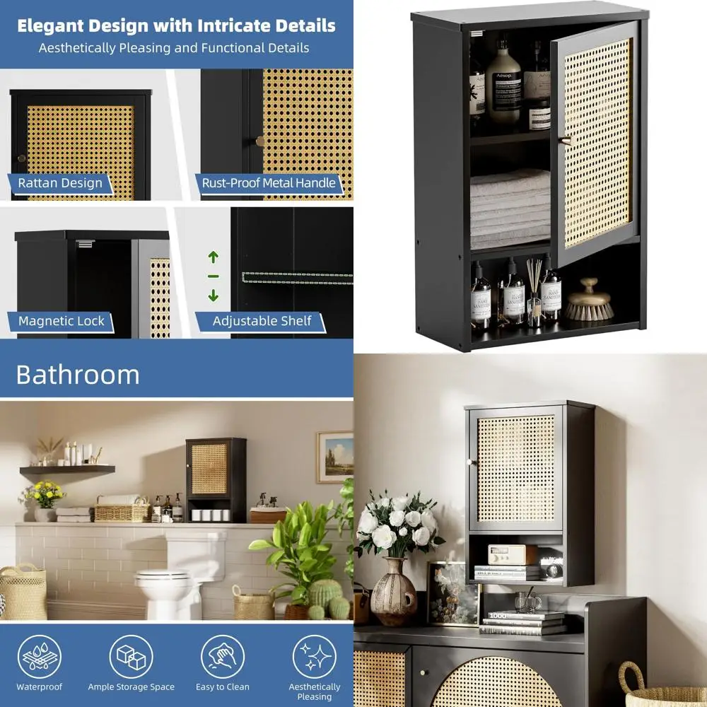 

Bamboo Single Door Medicine Cabinet with Adjustable Shelf, Over Toilet Storage Organizer for Small Bathroom Spaces in Black