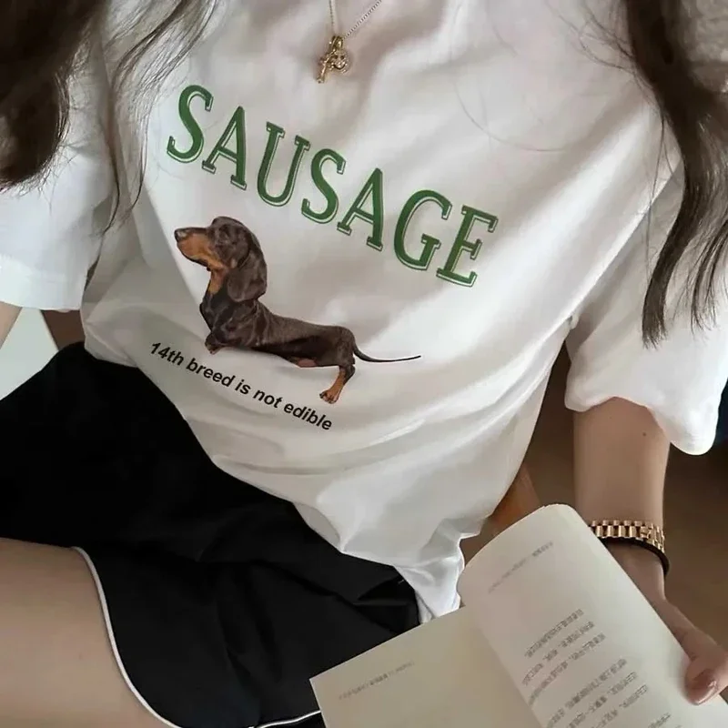 Sausage Dog Graphic T Shirt Oversized Korean Fashion Streetwear Women Tops Cute Funny T-Shirts Y2k Aesthetic Tees Clothes