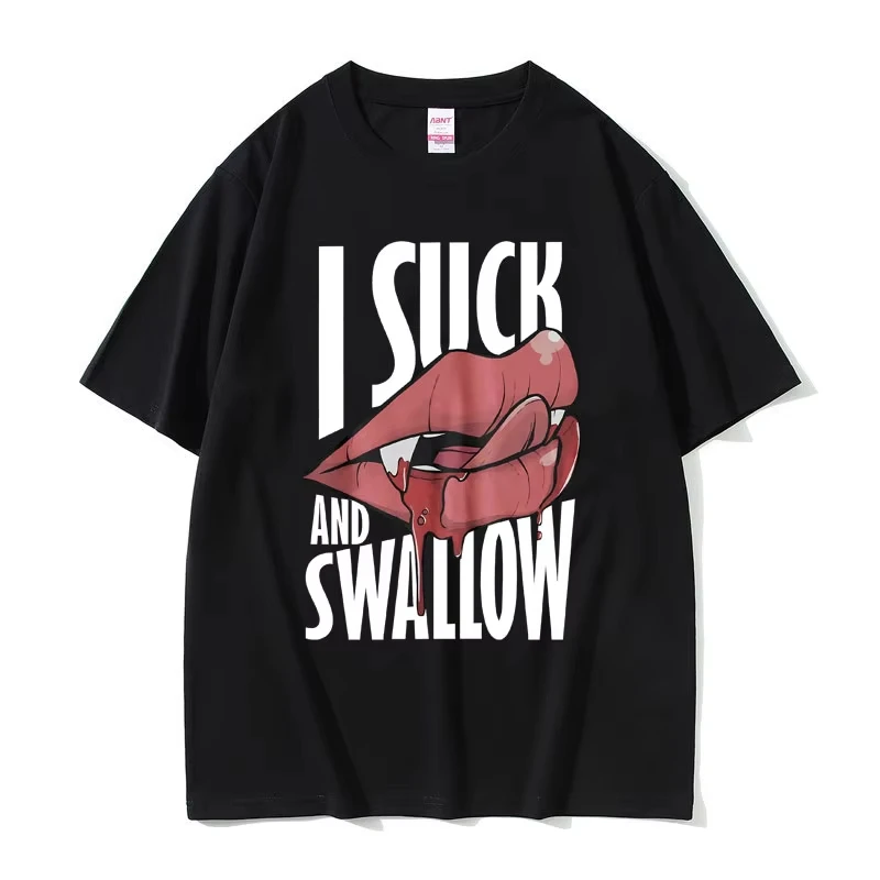 Funny I Suck and Swallow T-shirt Vintage Vampire Graphic Print T Shirts Men Women Casual Oversized Tshirt Halloween Short Sleeve