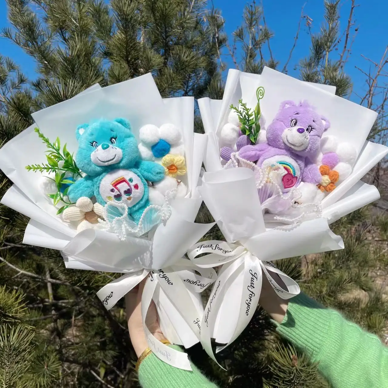 Kawaii Care Bear Plush Doll Handmade Flower Bouquets Stuffed Animals For Kids Christmas Valentine Birthday Gifts