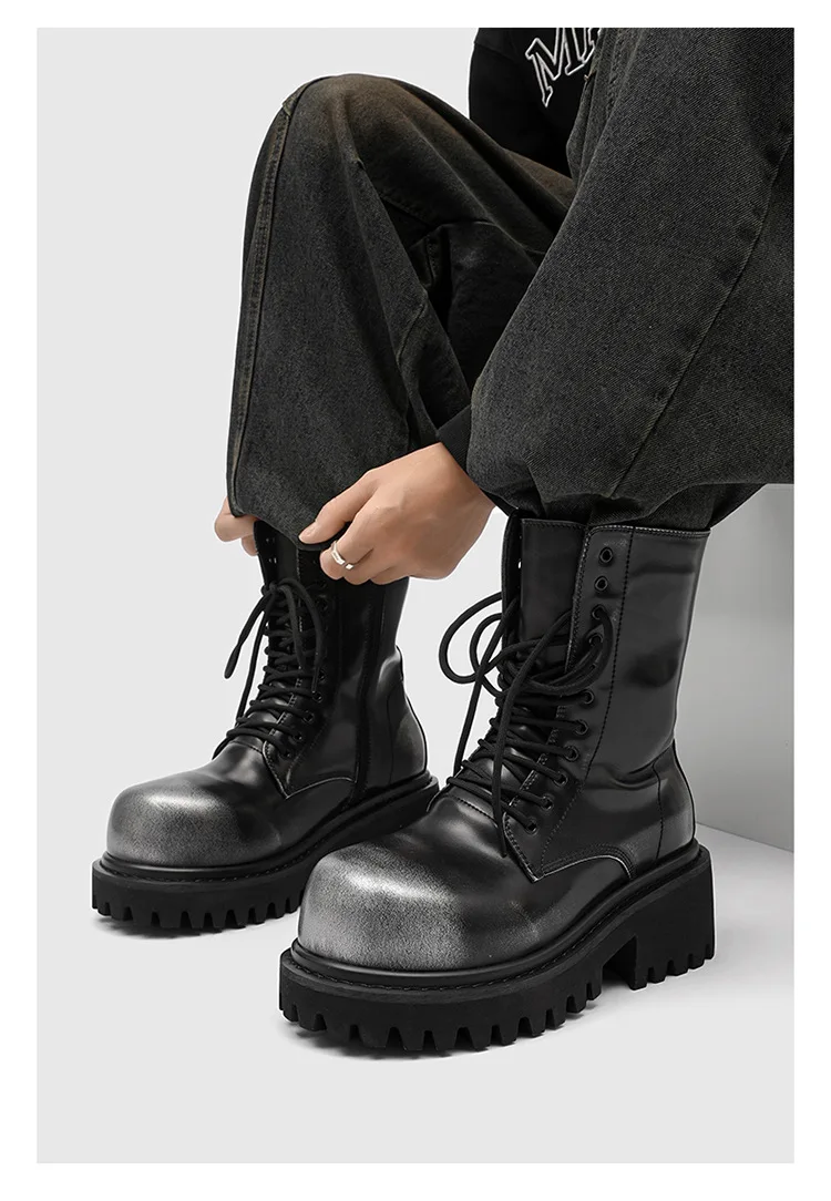 High-Top Thick-Soled Men's Boots Inner Height Increasing Workwear Leather Boots Designer Motorcycle Trendy Handmade Men's Boots