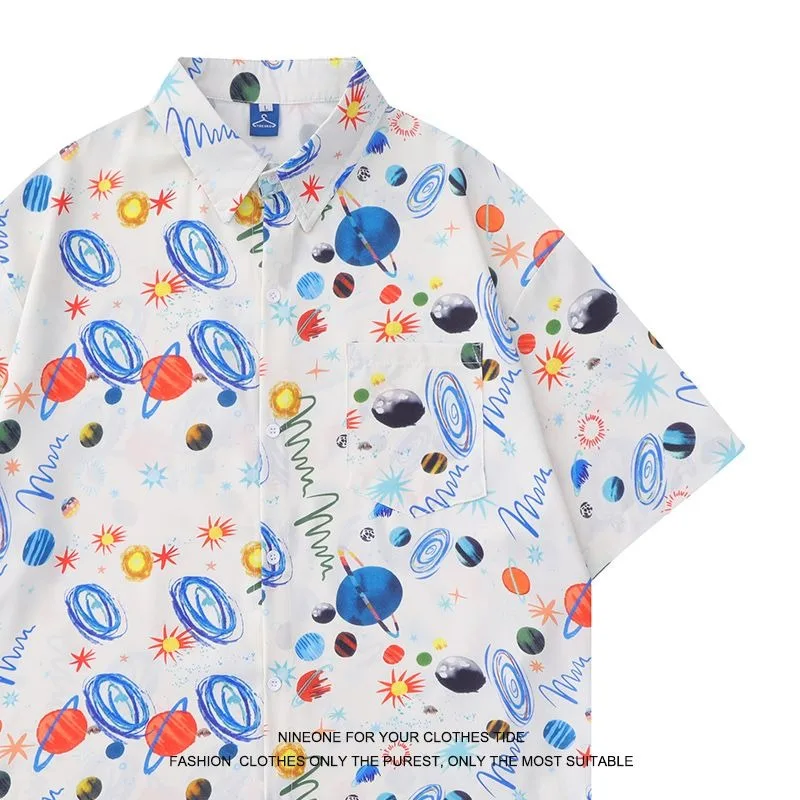 Hip Hop Fun Cartoon Full Print Shirts Fashion Men\'s Oversized Lapel Tops Y2K Streetwear Short Sleeve Blouse Summer Beach Clothes