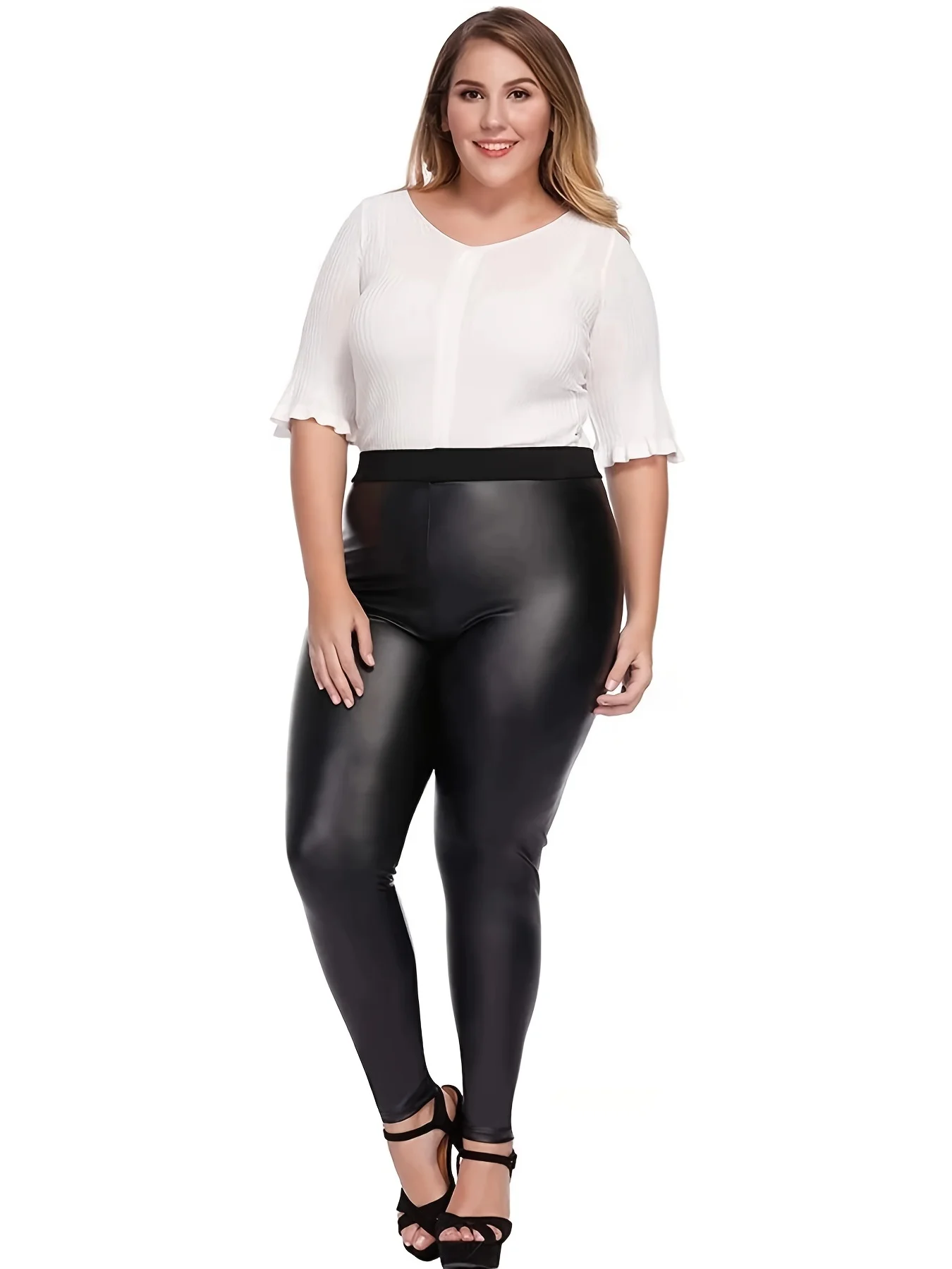 Plus Size Solid Simple Skinny Leggings Casual High Waist Stretchy Leggings For Spring & Fall Women\'s Plus Size Clothing