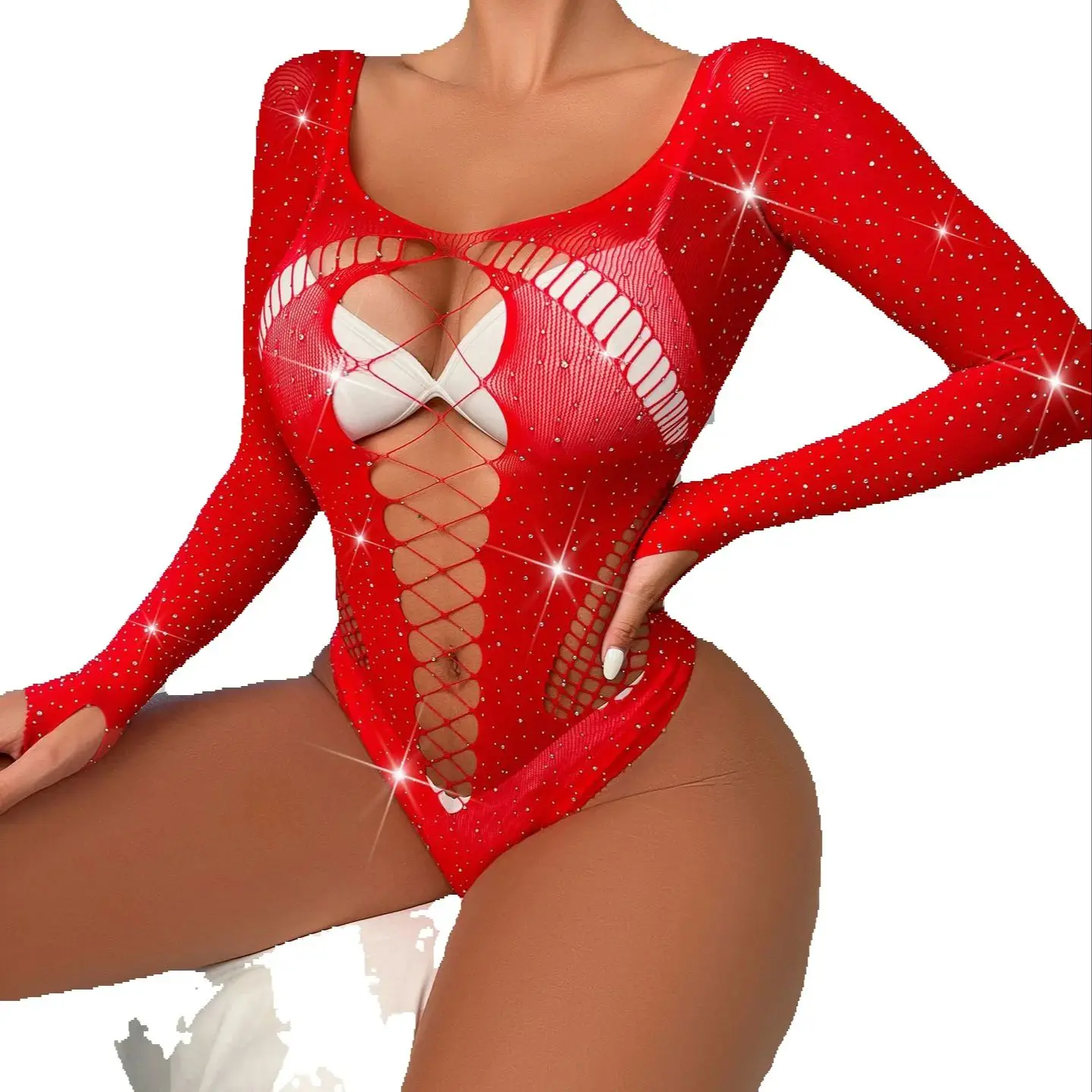 السيدات جنسي ساخن الماس لامعة الجنس الملابس الداخلية بأكمام طويلة شبكة أعلى Bodystocking الملابس الداخلية