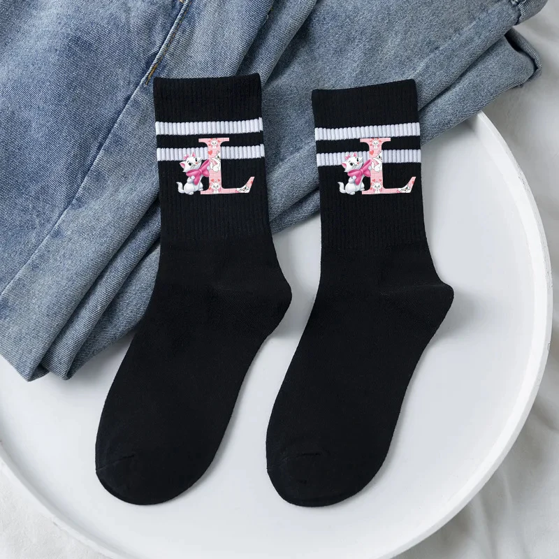 Disney The Aristocats Marie Cat A-Z 26 English Letters White Socks Striped Harajuku Kawaii Socks Cute Hip Hop Female Girls Socks