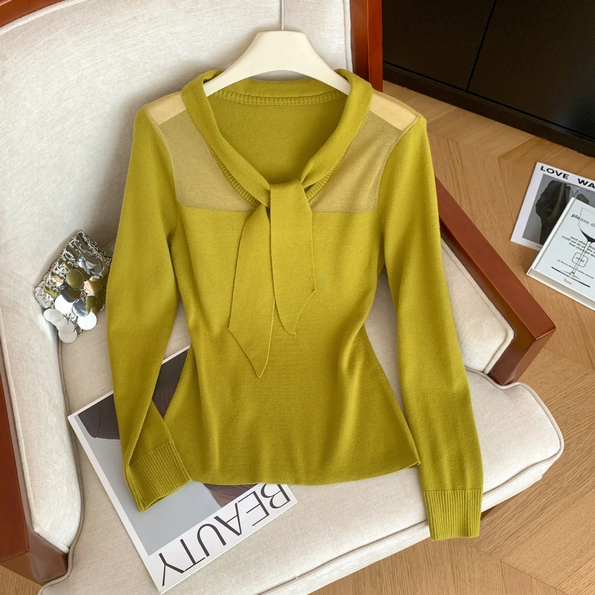 

Women's Green Knit Pullover Mesh Patchwork Sweater Vintage 2000s Jumper Knit Long Sleeves Korean Cashmere Sweater Autumn Winter