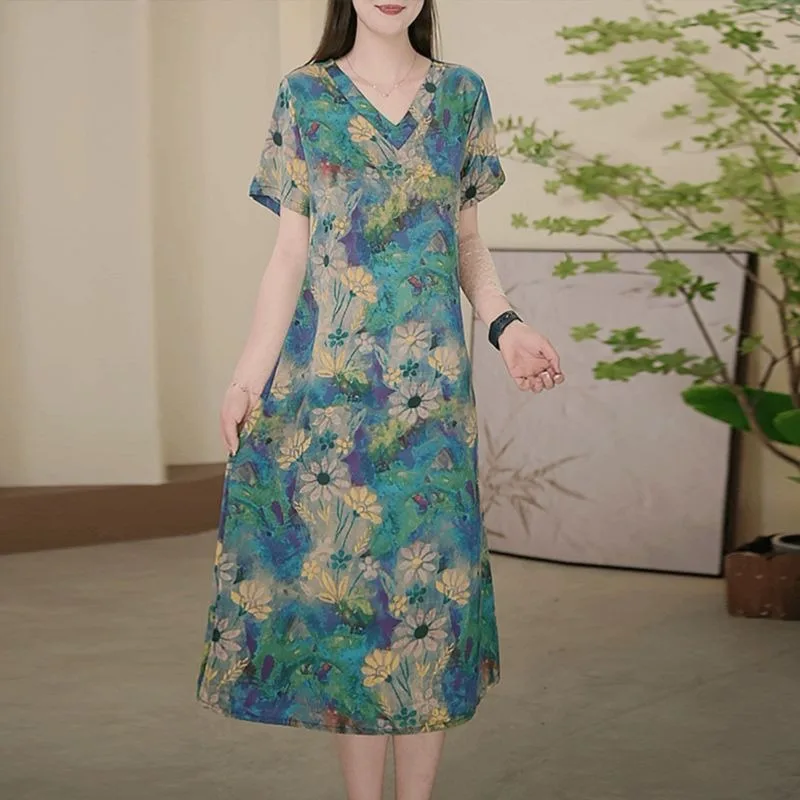 

Женское шифоновое платье миди с цветочным принтом, V-образным вырезом, коротким рукавом, свободного кроя, повседневное, элегантное, летнее, пляжное платье