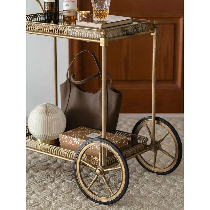 Retro French mobile cart side table, metal glass rack, household light luxury living room floor rack dining car