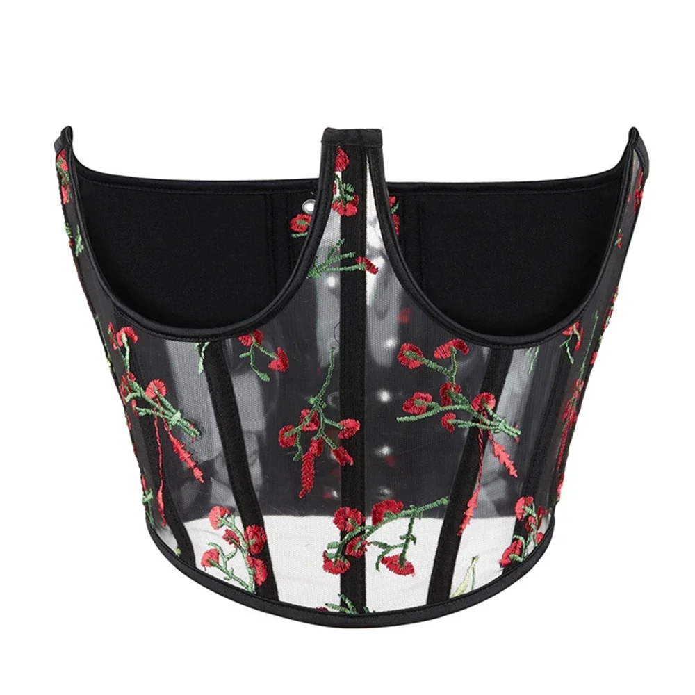 High Waist Belts Fashion Floral Embroidery Mesh See Through Black Corset Underbust Vintage Waist Shaper Corsets Cummerbunds