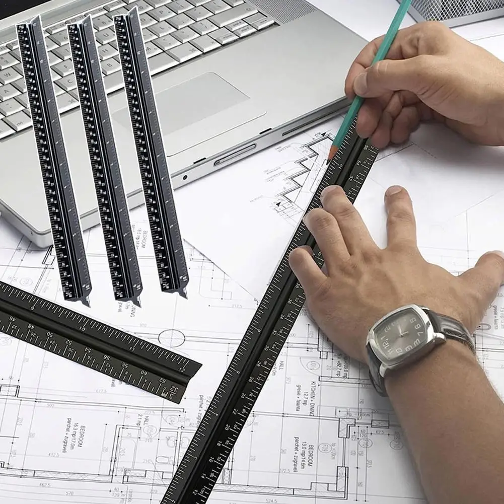 Triangular Ruler Scale Aluminum Alloy Ruler Drawing Ruler 30cm Interior Architectural Design Ruler Inch Centimeter Scale
