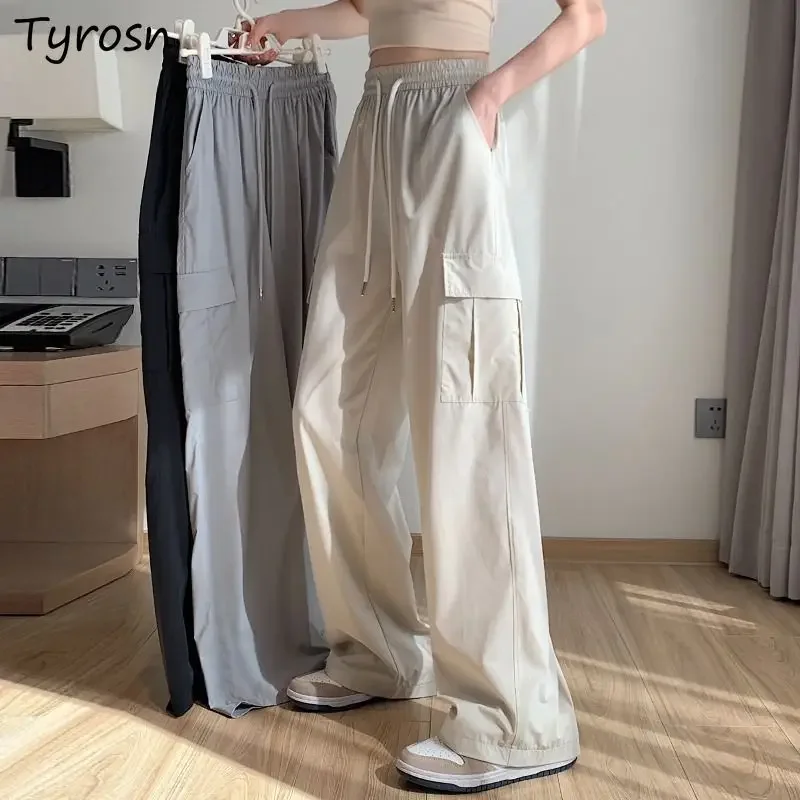 Cargo Pants Women Safari Style Multi-pockets Elastic Waist Loose Quick Dry Drawstring Student Streetwear Chic Casual Trousers