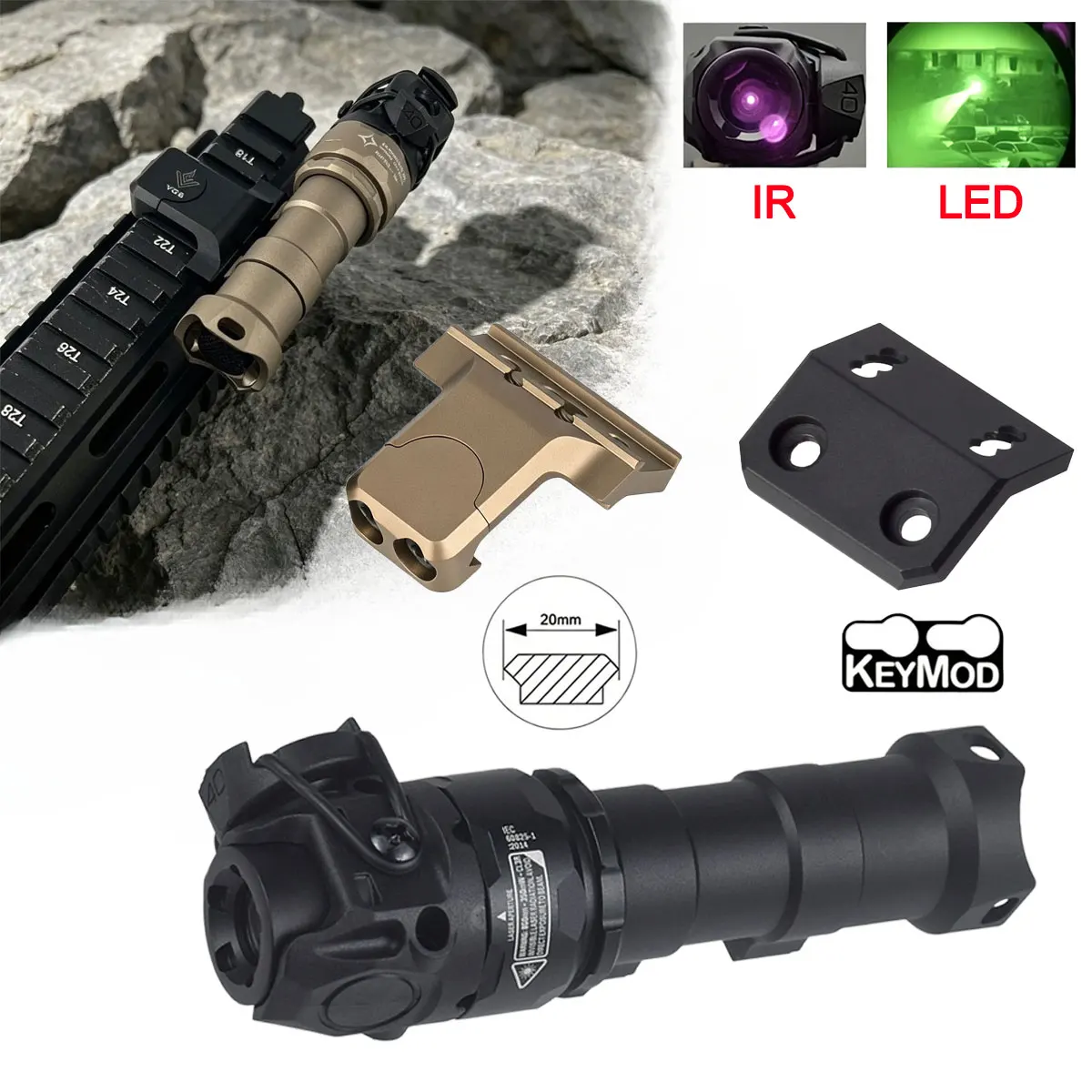 Tactical Flashlight KIJI K1 K1-3 IR LED 850nm Illumination Adjustable Scout Light K10 with 20mm Rail MLK Light Mount Offset