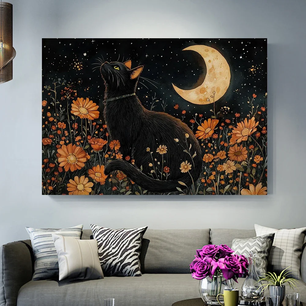 Multiple sizes 1pc frameless Canvas Painting,Black Cat Wildflower Dark Maximalist Flowers Poster and Prints Canvas Painting Wall