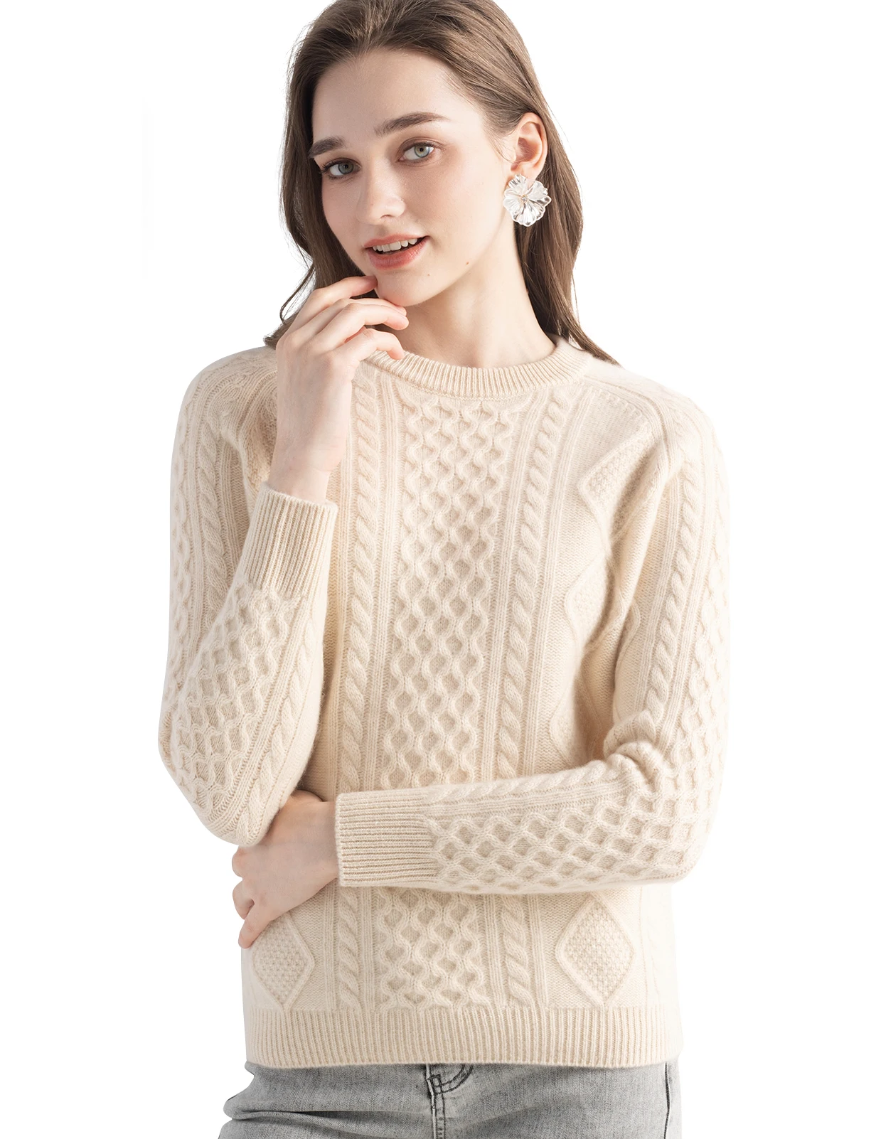 Camisola feminina 100% camisola de caxemira pura outono inverno tripulação pescoço manga longa quente macio cabo pulôver nova malha topos roupas femininas