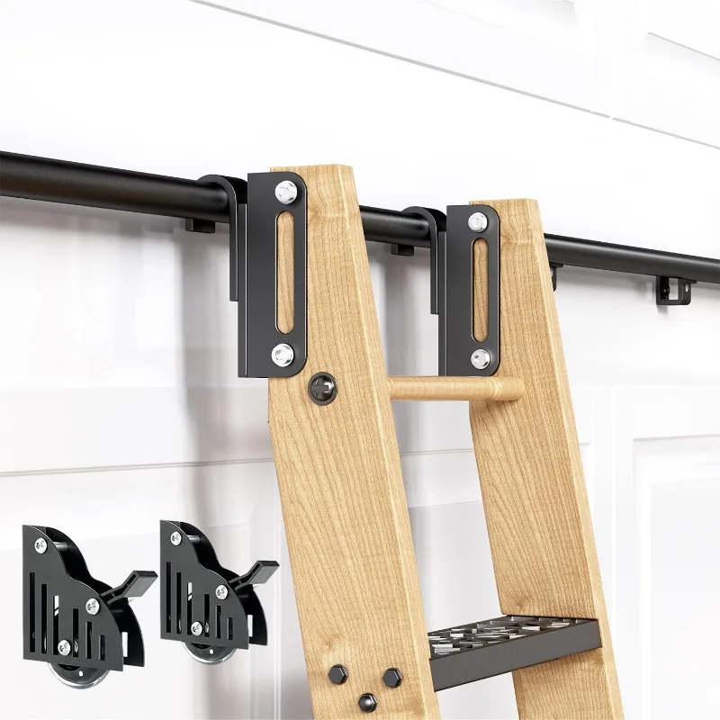 

Bookshelf Mobile Solid Wood Ladder Home Escalator Indoor Loft Library Ladder Black Carbon Steel Track
