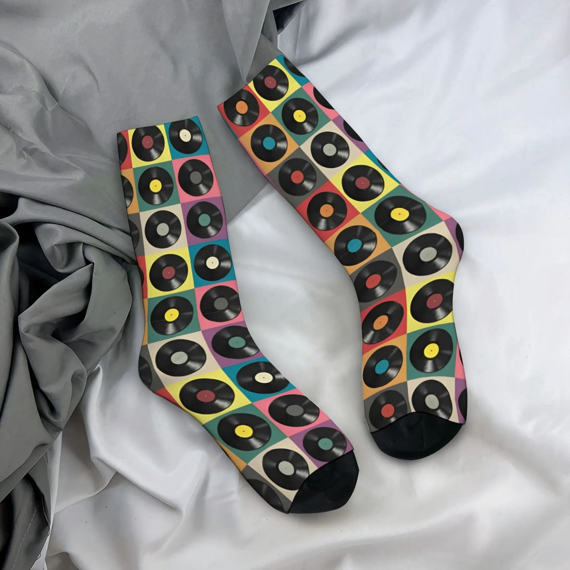 Vintage Vinyl Record Crew Socken, Retro Music Disc Print Socken, Geschenk für Retro-Musikliebhaber und Enthusiasten im Nostalgie-Stil