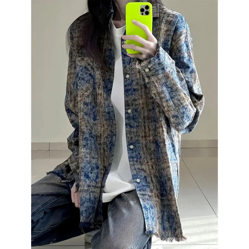 

Tie-Dye Plaid Long Sve irt Men Loose American Retro Couple Sle Lazy Patterned irt Cotton Youth Trend Autumn Wear