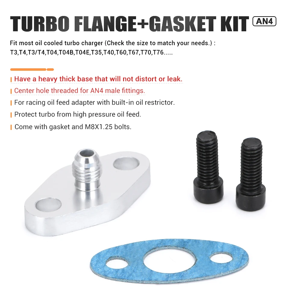 Turbo Oil Feed Inlet Flange Gasket Adapter Kit 4AN 4 AN Fitting T3 T3/T4 T04 PQY-OFG31