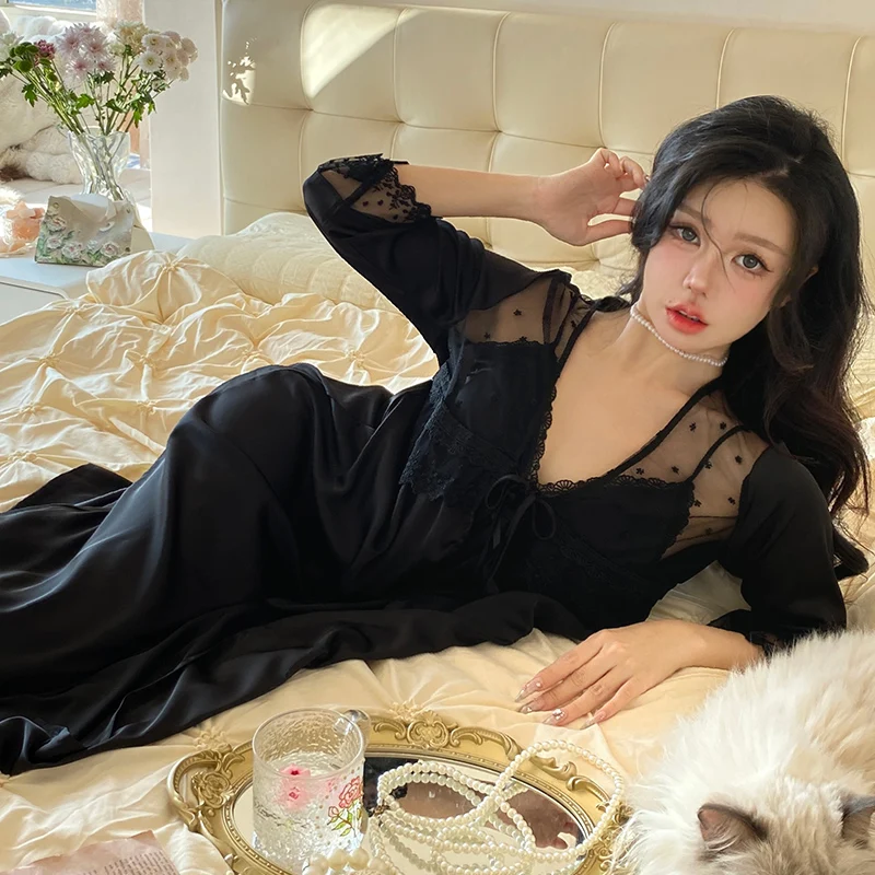 DAIMELU lady nightgown Sexy Pajamas Women's Spring and Summer Thin Ice Silk Suspender nightwear female sleepwear set girl nighty