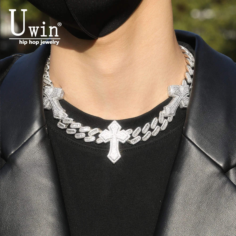 UWIN 15mm Cuban Chain  With 3 Cross Necklace Full Iced Out CZ Link Cubic Zircon Fashion Luxurious Choker HipHop Jewelry